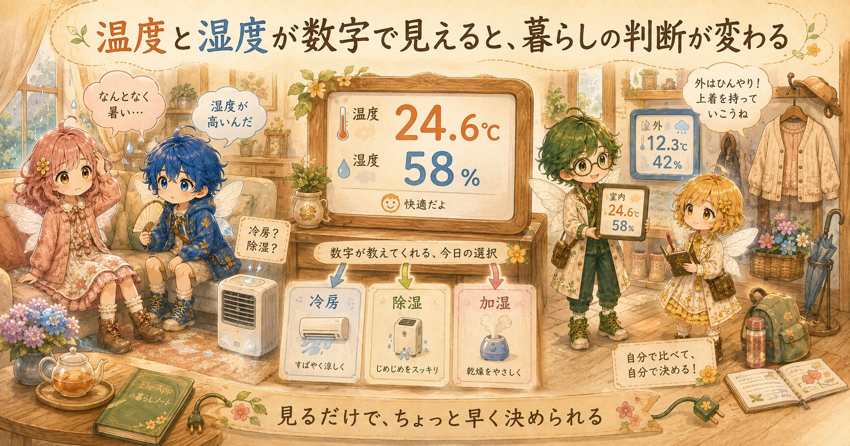 温度と湿度が数字で見えると暮らしの判断が変わることを表した、エレアプ世界観の横長インフォグラフィック。エレピットちゃん、エレピットくん、エレアプ、エレイが、室温24.6℃・湿度58％の表示を見ながら、冷房・除湿・加湿のどれを使うか考えている。外気温12.3℃・湿度42％との比較や、服装を調整する場面も描かれ、感覚だけでなく数字を見ることで、その日の行動を少し早く決めやすくなることを、絵本風の水彩と色鉛筆で表現している。