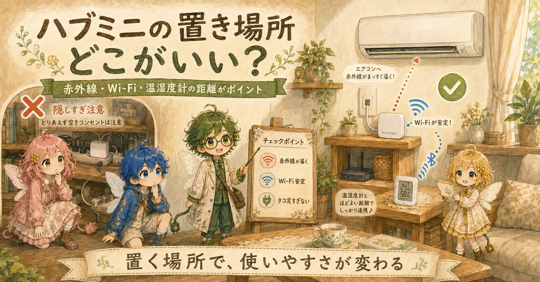 SwitchBotハブミニの置き場所を説明した、エレアプ世界観の横長インフォグラフィック。エレピットちゃん、エレピットくん、エレアプ、エレイが、エアコンへ赤外線が届くこと、Wi-Fiが安定すること、温湿度計と離れすぎないことを確認している。空きコンセントの奥へ隠しすぎる例と、棚の上でエアコン・ルーター・温湿度計と連携しやすい配置を比較し、置く場所によって使いやすさが変わることを、絵本風の水彩と色鉛筆で表現している。