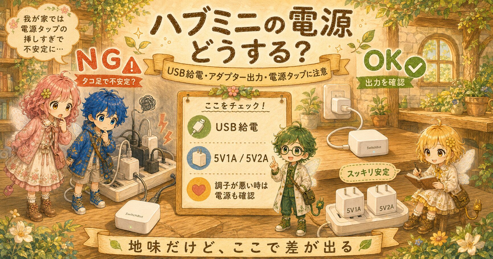 SwitchBotハブミニの電源選びを説明した、エレアプ世界観の横長インフォグラフィック。エレピットちゃん、エレピットくん、エレアプ、エレイが、USB給電、電源アダプターの出力、電源タップの使い方を確認している。電源タップへ機器を挿しすぎると動作が不安定になる場合があり、5V1Aや5V2Aなど対応する出力のアダプターを使い、調子が悪いときは電源まわりも見直したいことを、絵本風の水彩と色鉛筆で表現している。