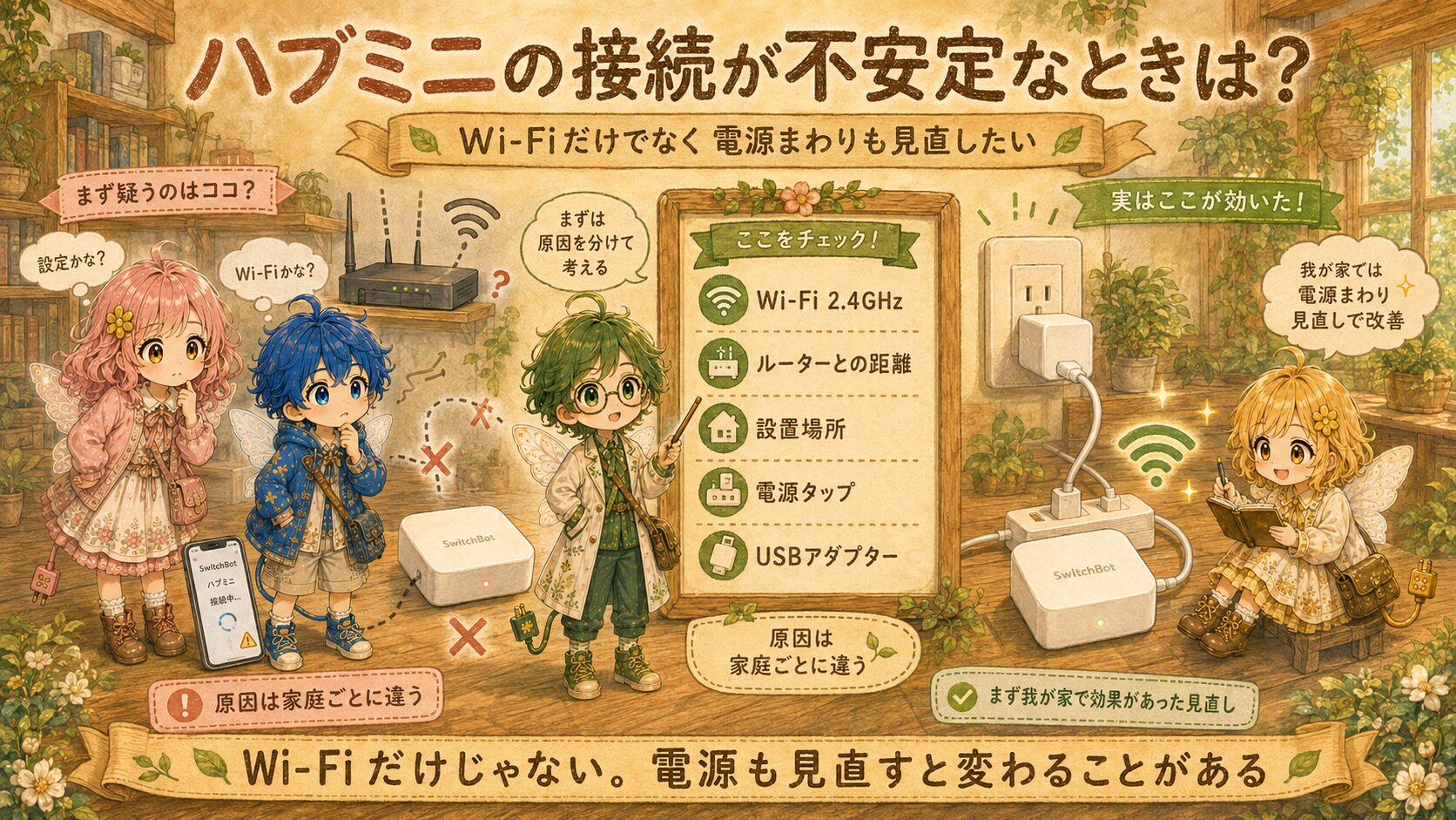 SwitchBotハブミニの接続が不安定なときに確認したいポイントをまとめた、エレアプ世界観の横長インフォグラフィック。エレピットちゃん、エレピットくん、エレアプ、エレイが、Wi-Fi 2.4GHz、ルーターとの距離、設置場所、電源タップ、USBアダプターを順番に確認している。Wi-Fiだけでなく電源まわりも見直すことで改善する場合があり、原因は家庭ごとに異なるため、一つずつ切り分けて考えることを、絵本風の水彩と色鉛筆で表現している。