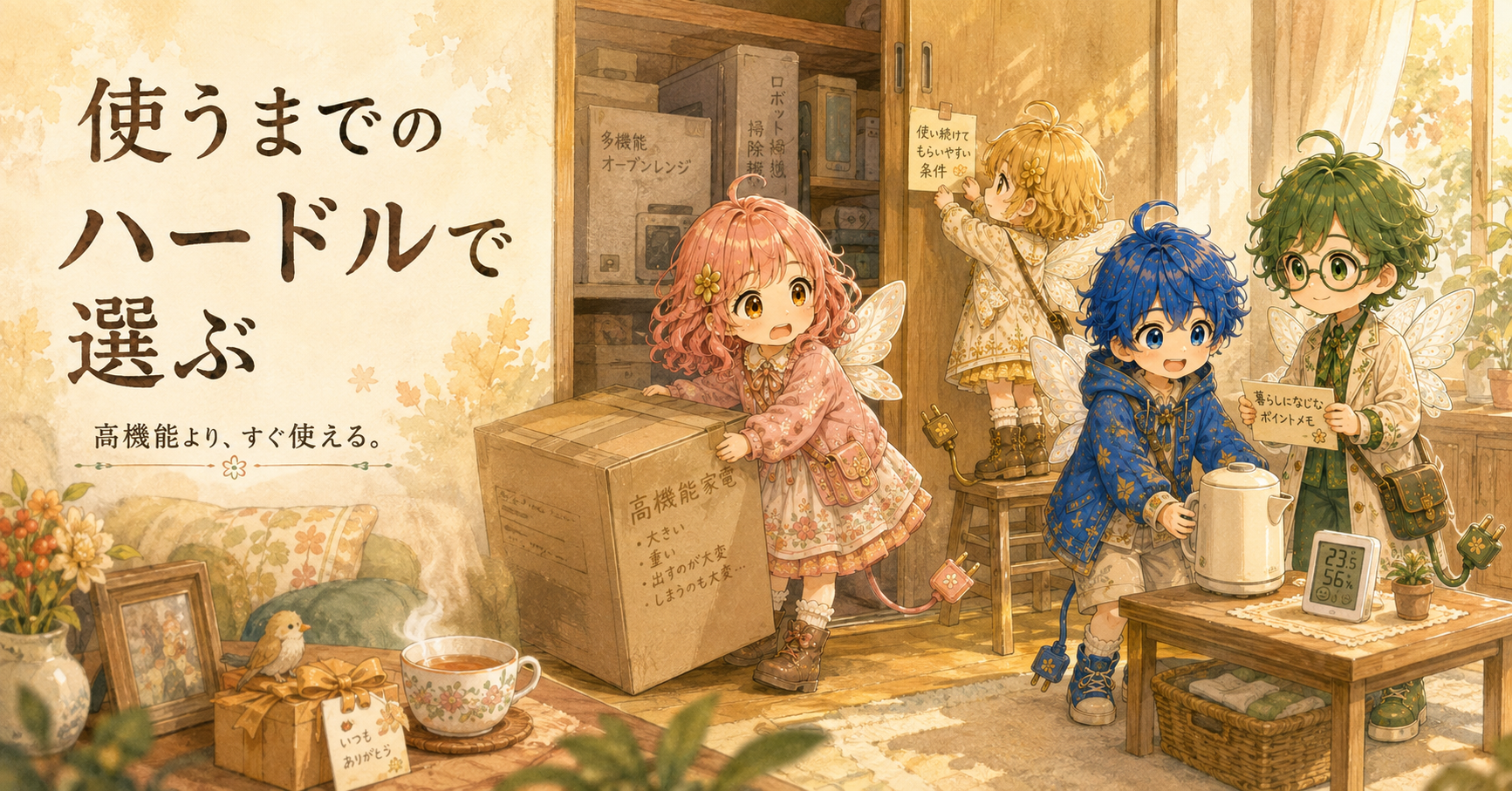 敬老の日の家電選びを表したイラスト。高機能さよりも、使い始めやすさや扱いやすさを重視して、家電を選ぶ様子を描いている。