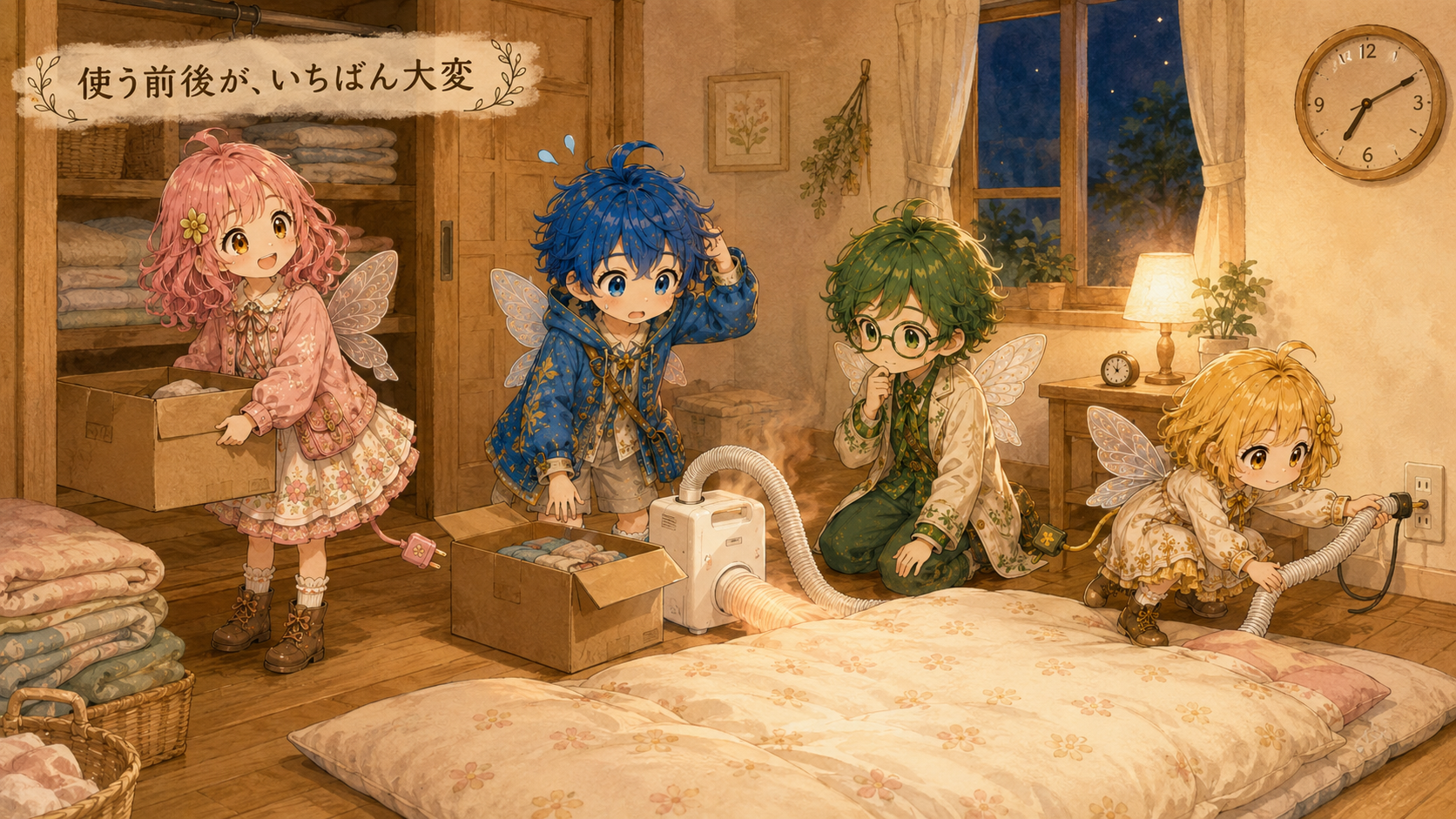 布団乾燥機を使う前後の手間を表したイラスト。収納から本体を出し、ホースや電源を準備して布団へセットする様子を描いている。