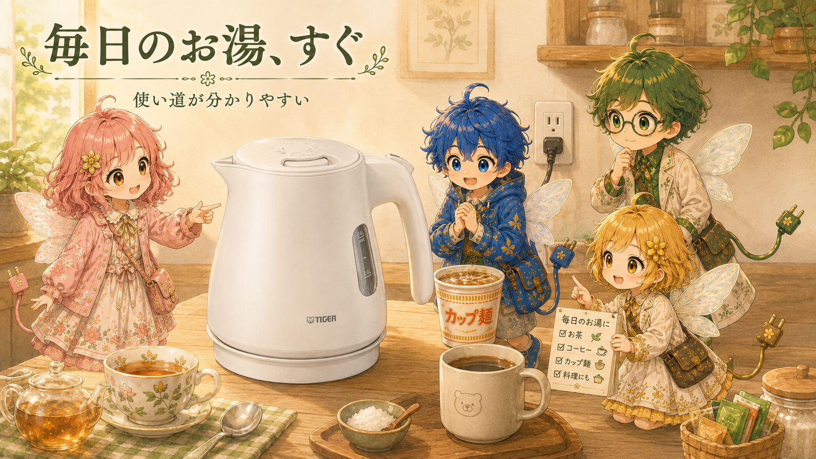 敬老の日の家電候補として電気ケトルを紹介するイラスト。お茶やコーヒー、カップ麺など、毎日のお湯を手軽に用意できる使いやすさを表している。