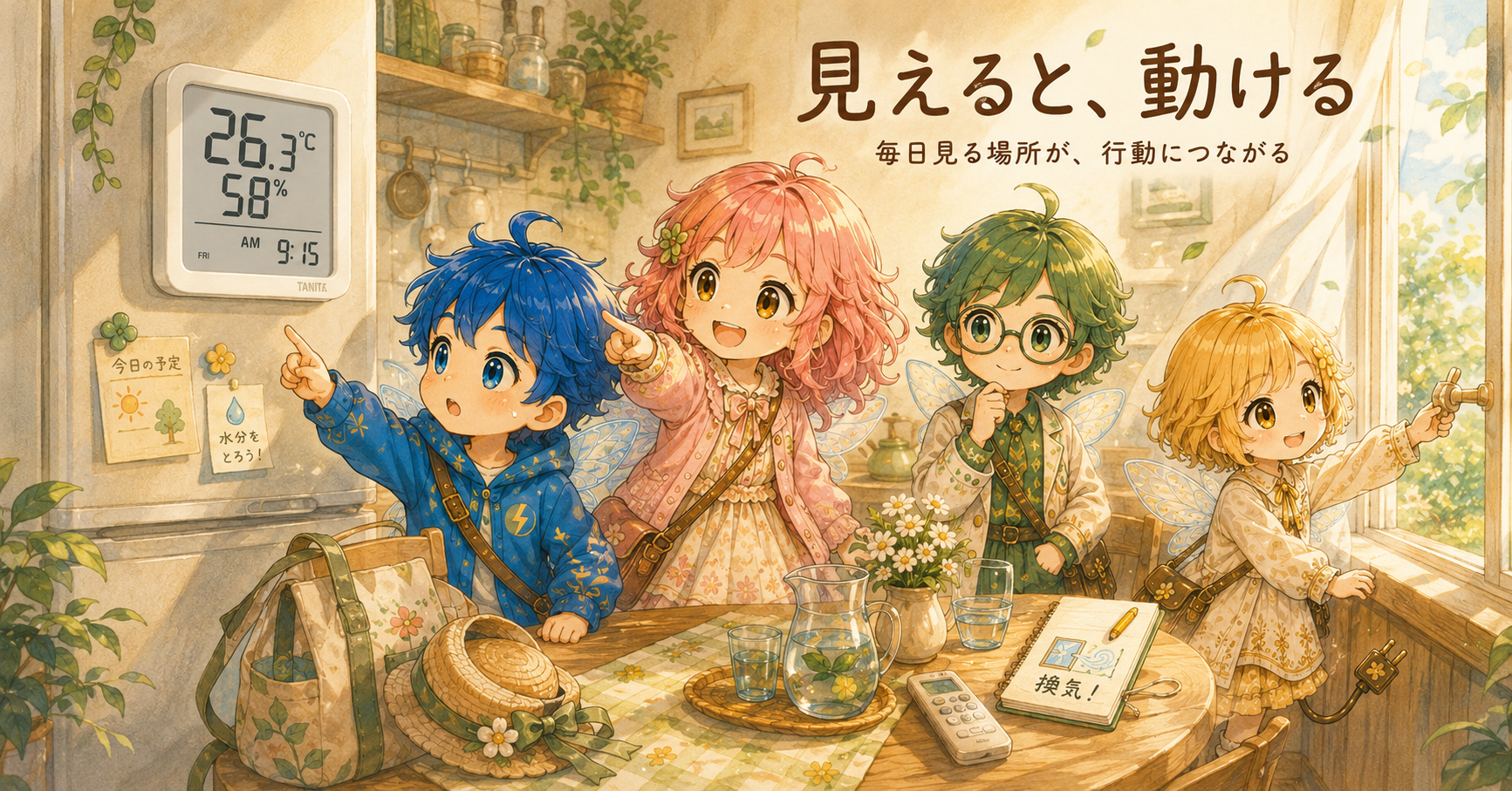 温湿度計を見て、換気や水分補給など次の行動につなげる様子を描いたイラスト。