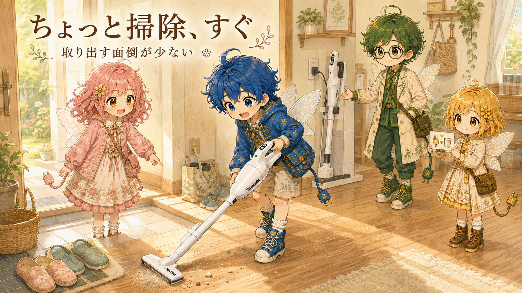コードレス掃除機で、思い立ったときにすぐ掃除できる手軽さを描いたイラスト。