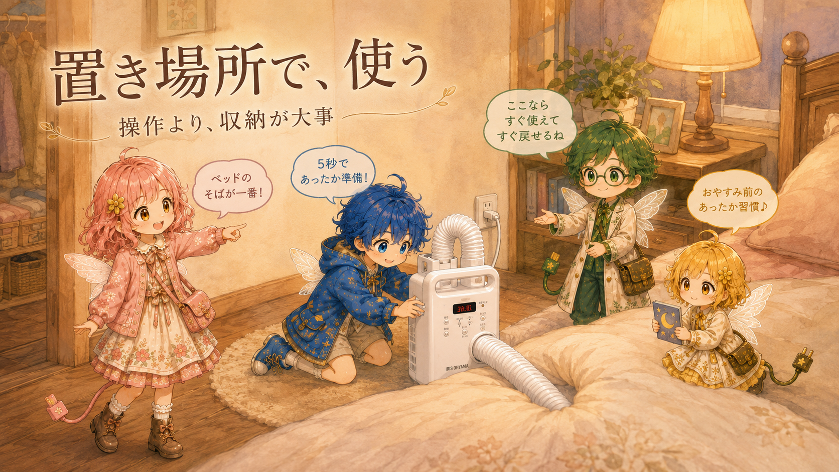 布団乾燥機をベッド近くに収納し、取り出してすぐ使える手軽さを描いたイラスト。