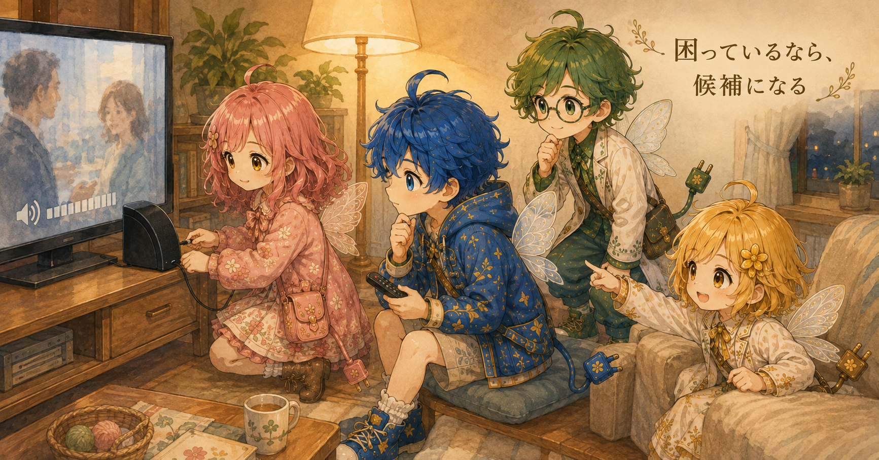 テレビの音が聞き取りにくいとき、手元スピーカーを候補として検討する様子を描いたイラスト。