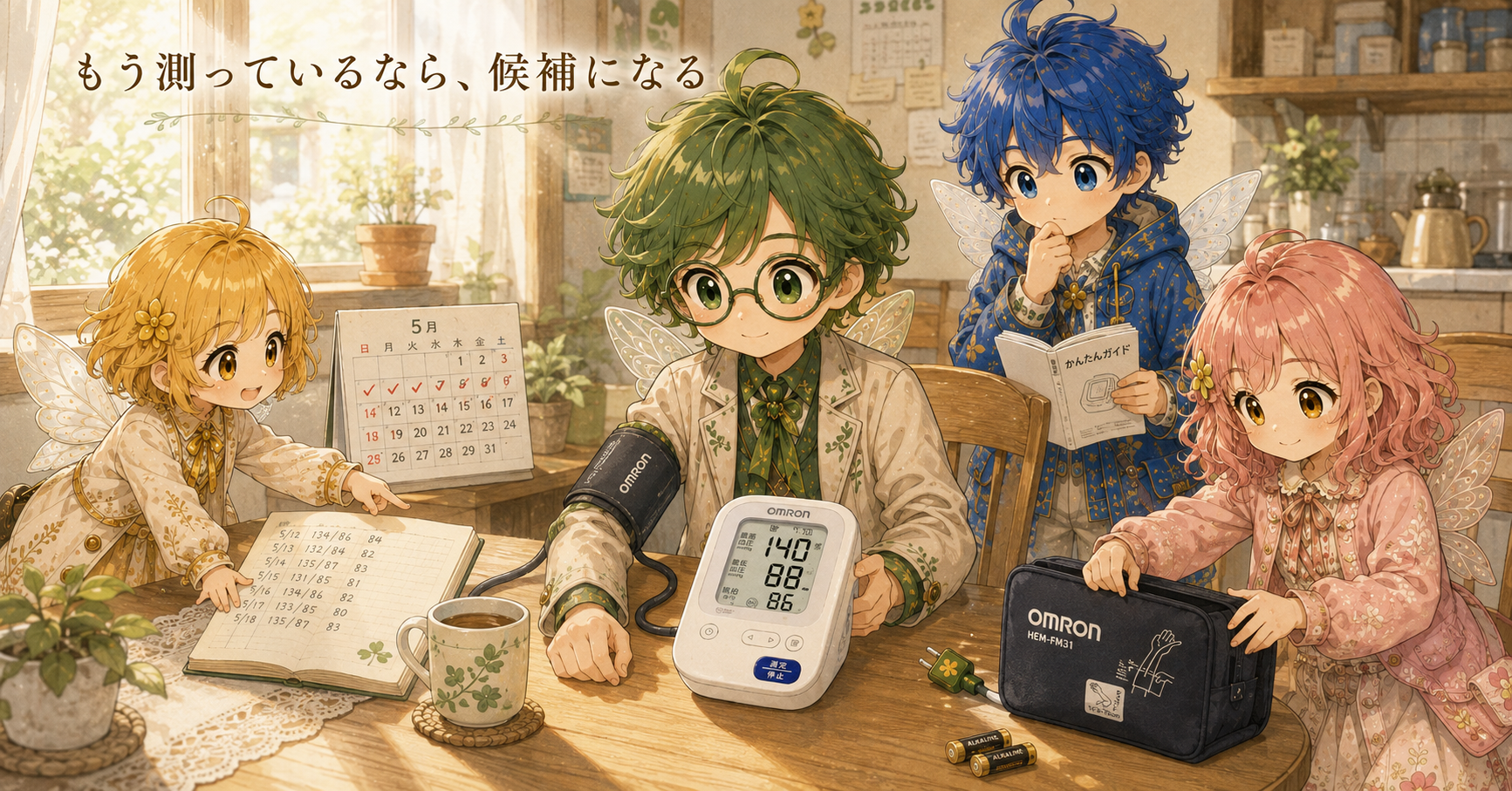 血圧計で測定し、数値を記録しながら健康管理を続ける様子を描いたイラスト