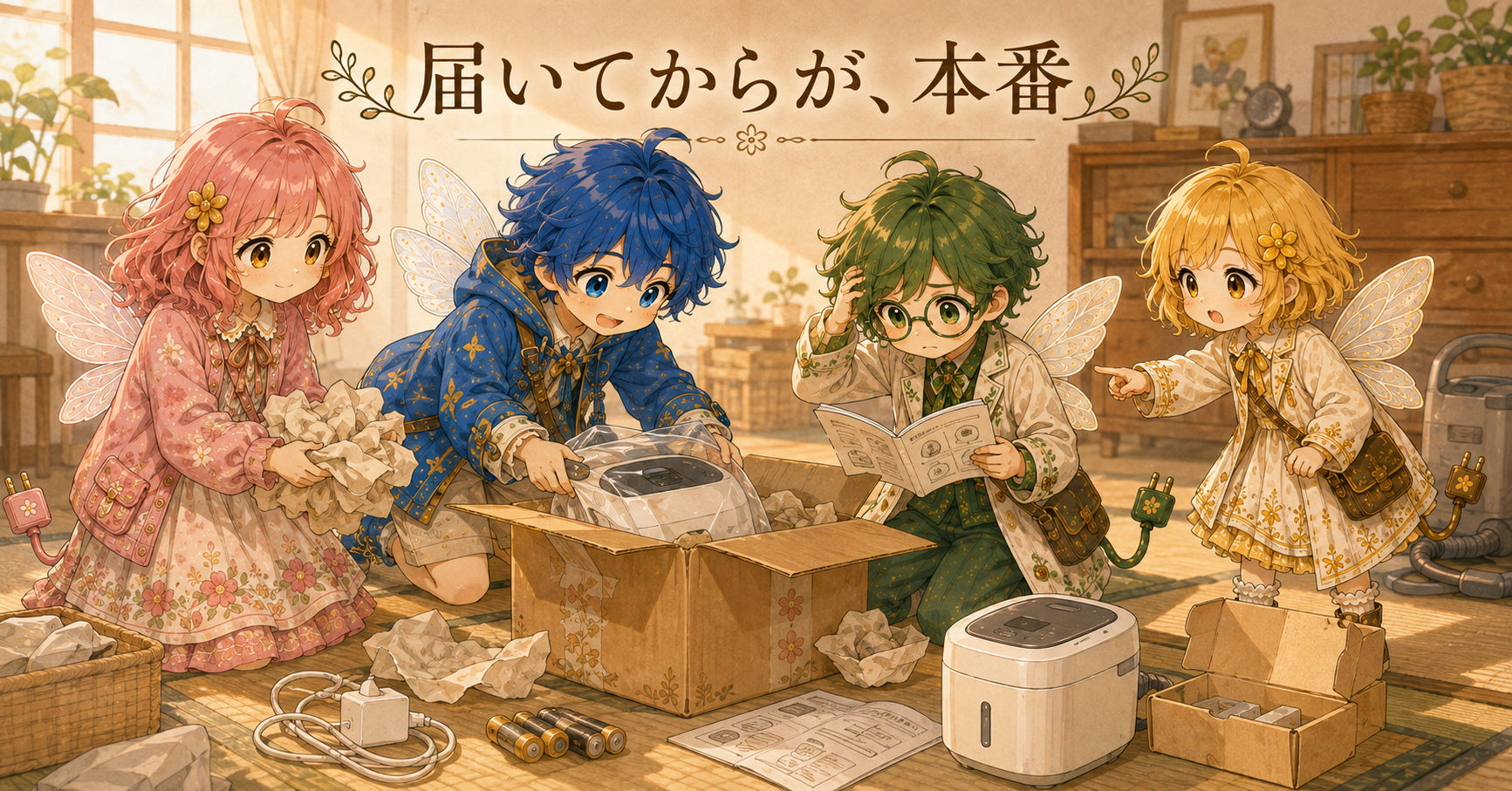 届いた家電を開封し、付属品や説明書を確認しながら使う準備をする様子のイラスト