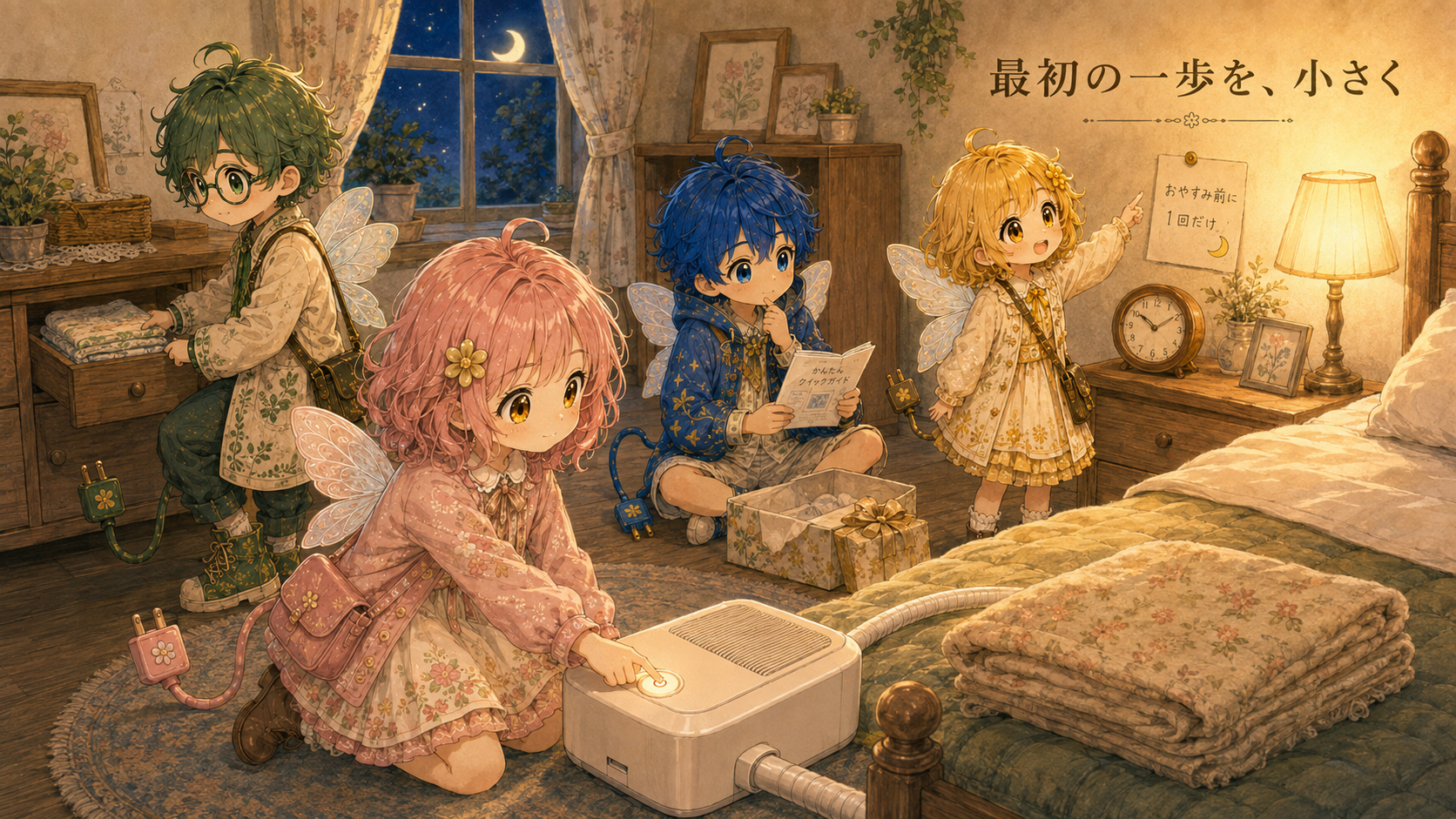 布団乾燥機を寝る前に1回だけ使い、無理なく習慣に取り入れる様子のイラスト