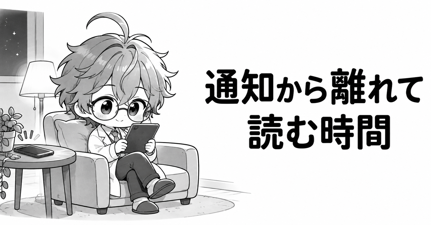スマホ通知から離れてKindleで読書する時間を表したイラスト