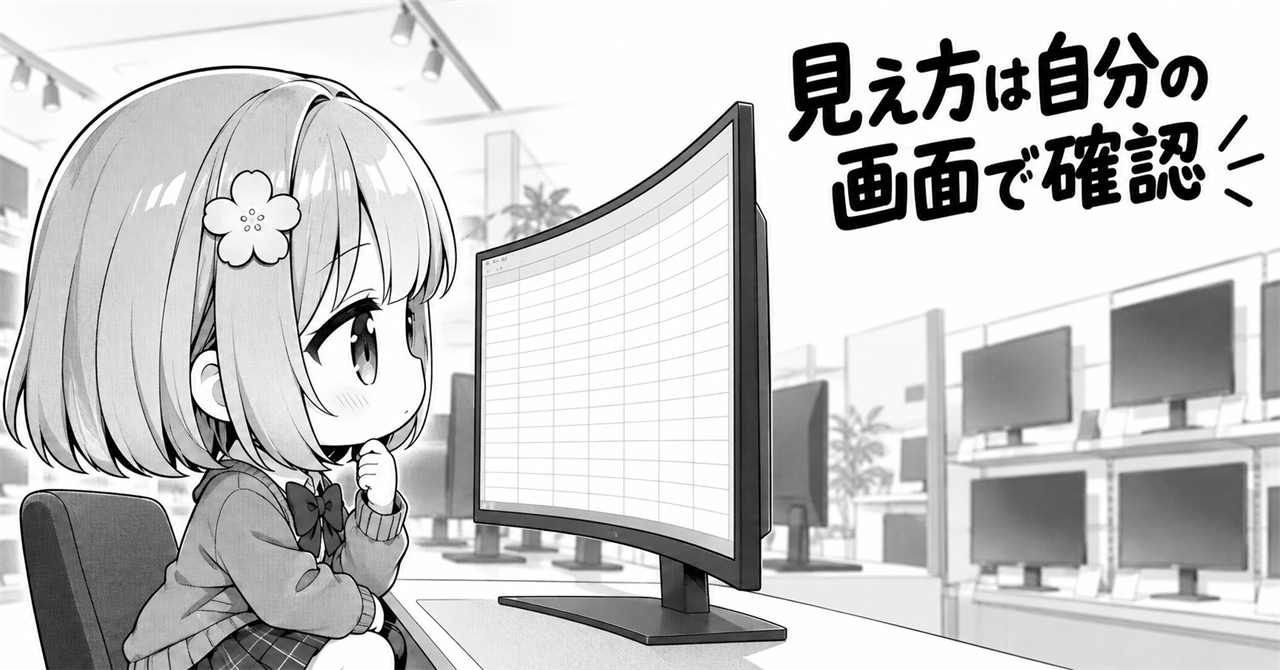 湾曲モニターの見え方を自分の画面で確認するイメージ