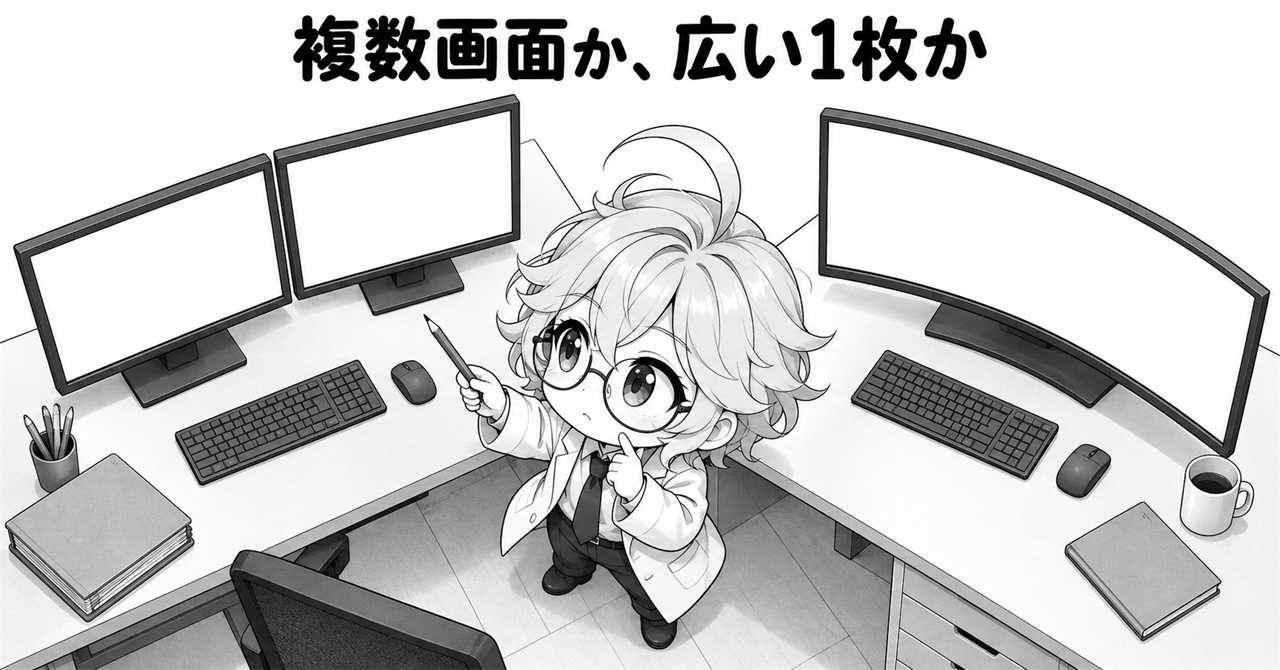 複数画面と広い1枚のモニターを比較するイメージ
