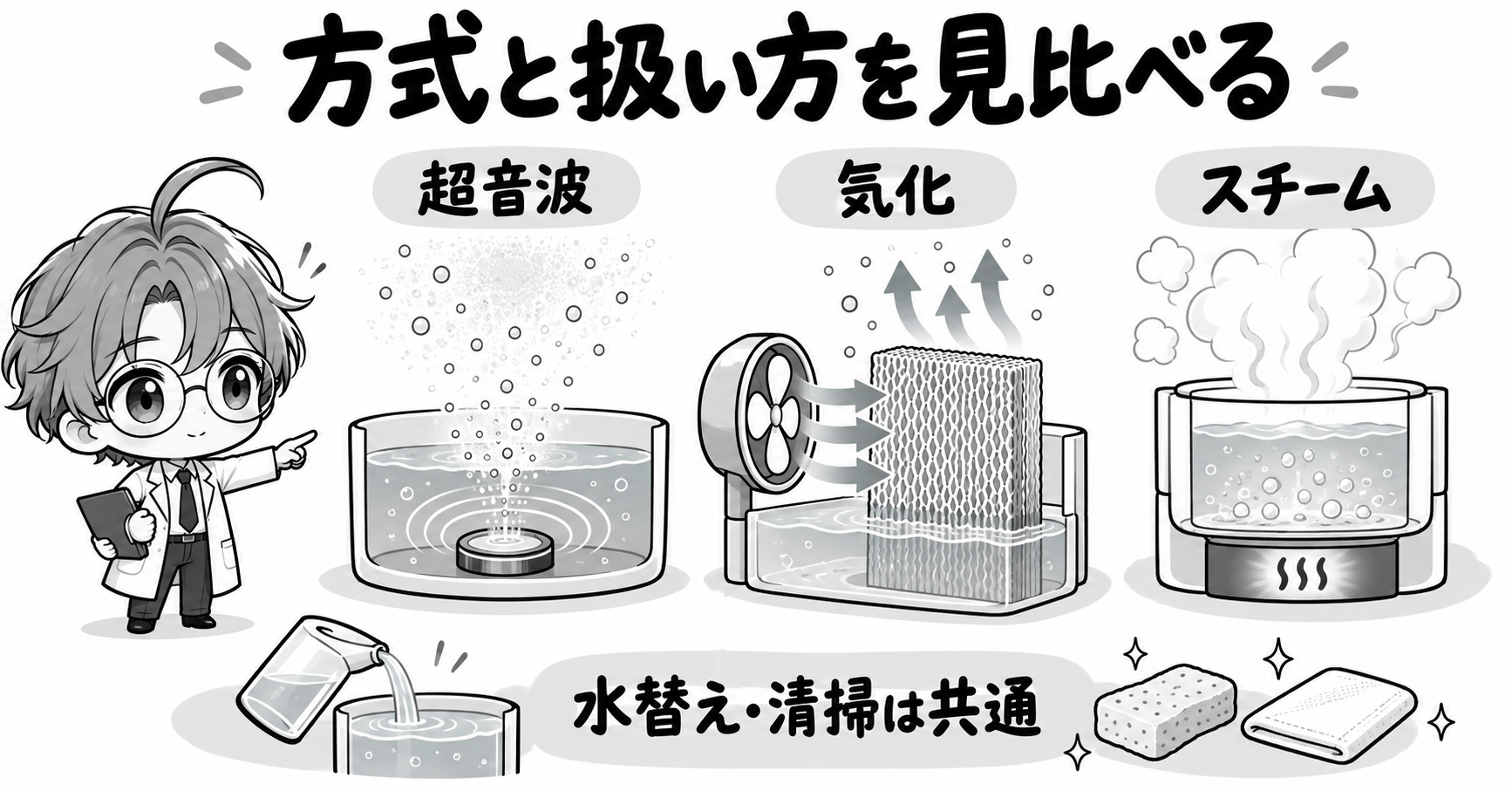 方式と扱い方を見比べる:超音波、気化、スチーム、水替え・清掃は共通