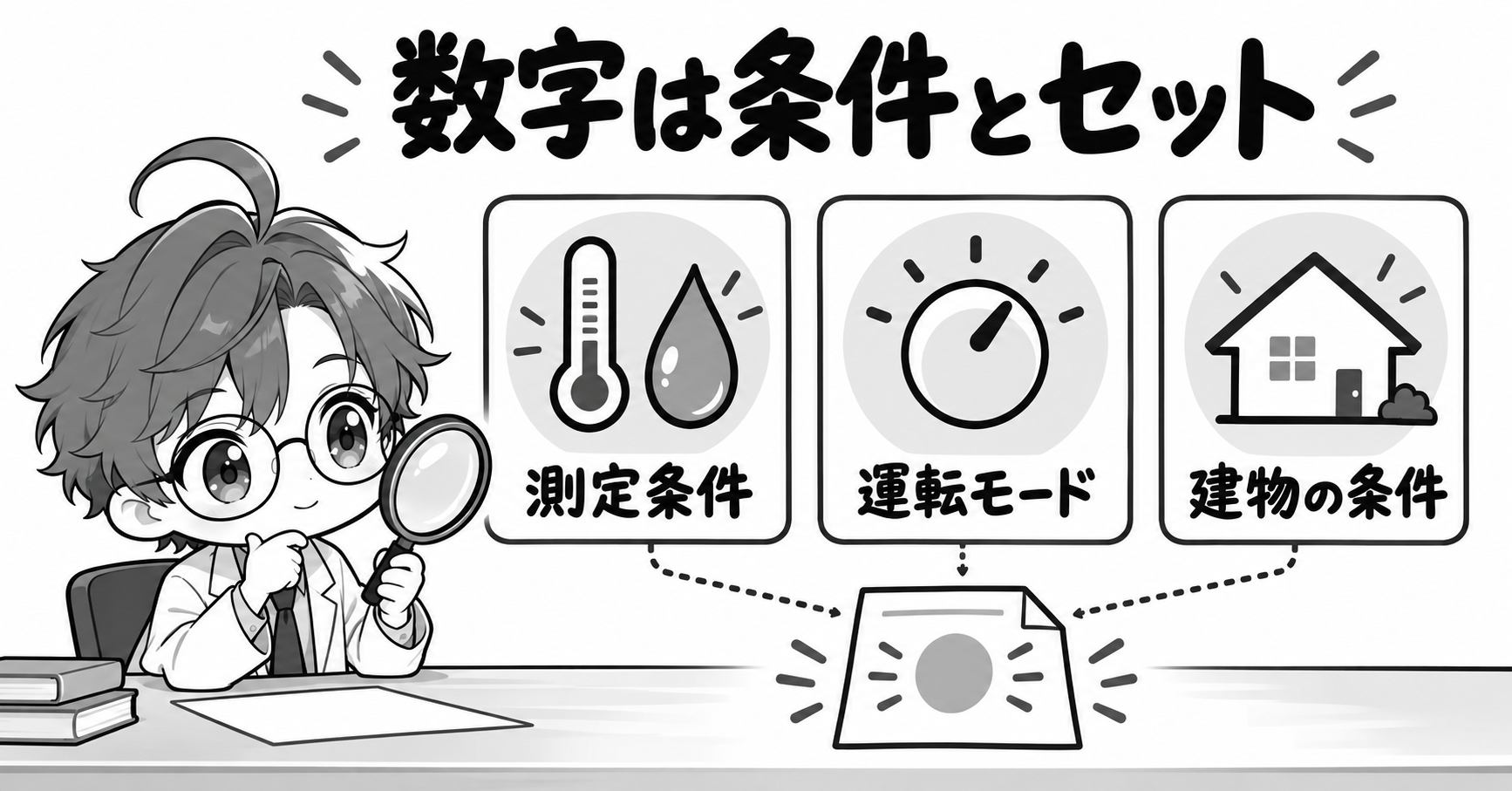 数字は条件とセット:測定条件、運転モード、建物の条件